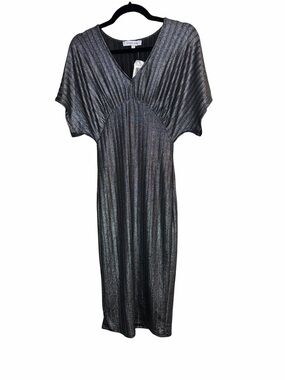The Vanity Room Metallic V-Neck Knit Ribbed Midi Dress